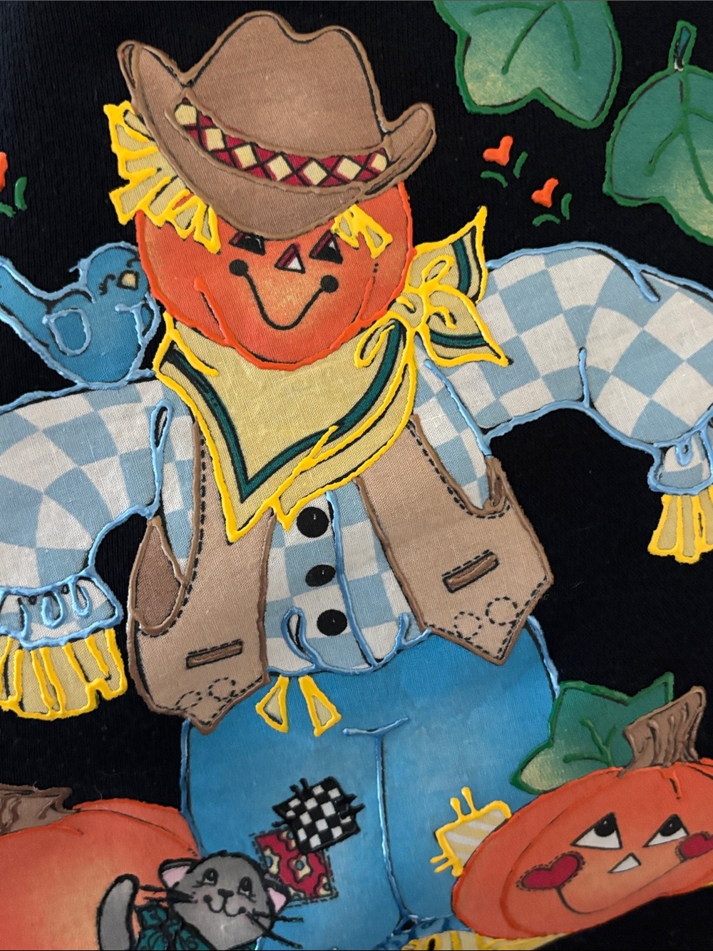 Vintage 90s Halloween Sweatshirt Scarecrow Pumpkin Cat Appliqué - large - Picture 3 of 5